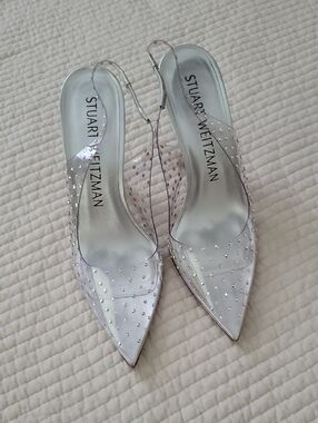 Stuart Weitzman XCurve Crystal-Embellished Silver PVC Pointed Slingbacks sz 8